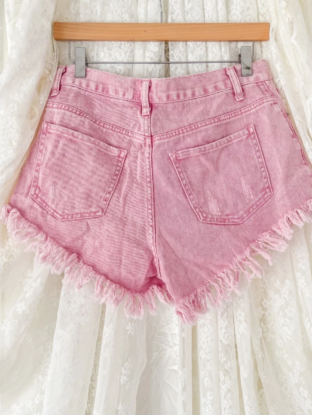Pink Distressed Fringe Denim Cutoff Shorts